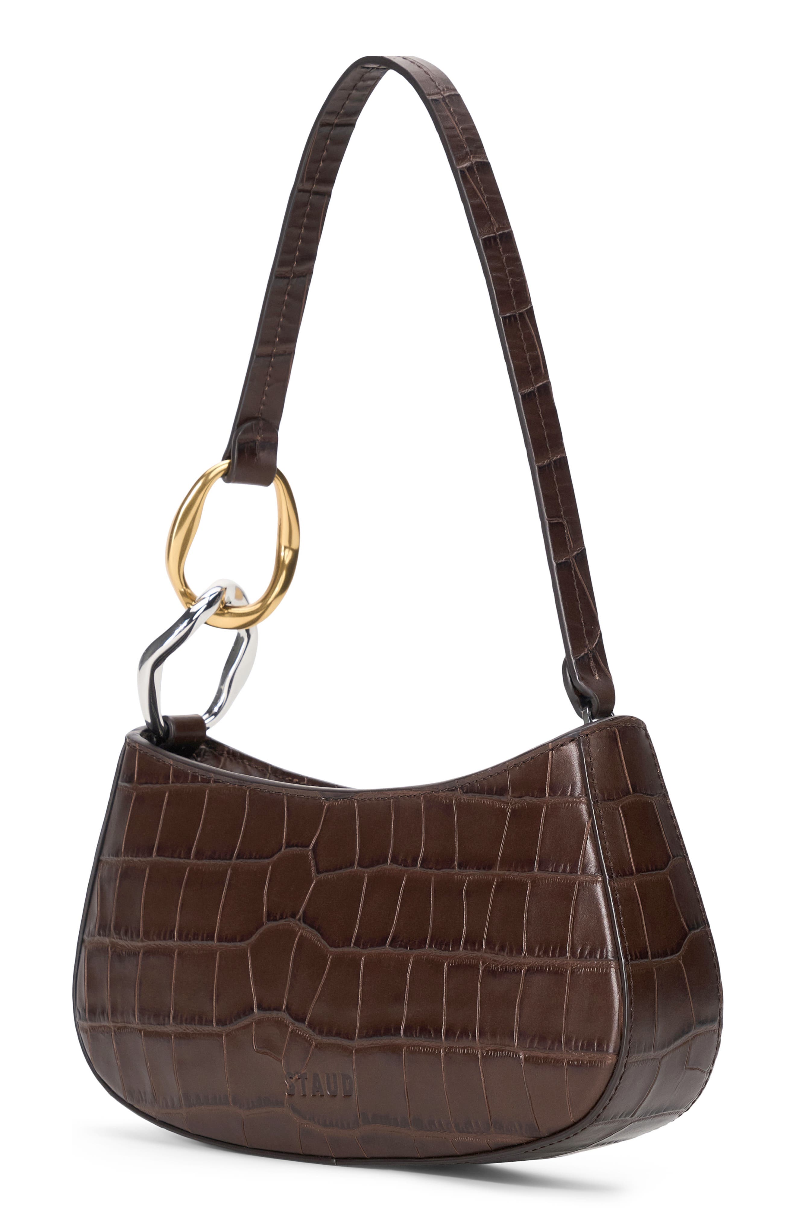STAUD Ollie Leather Shoulder Bag, Alternate, color, Espresso Croco