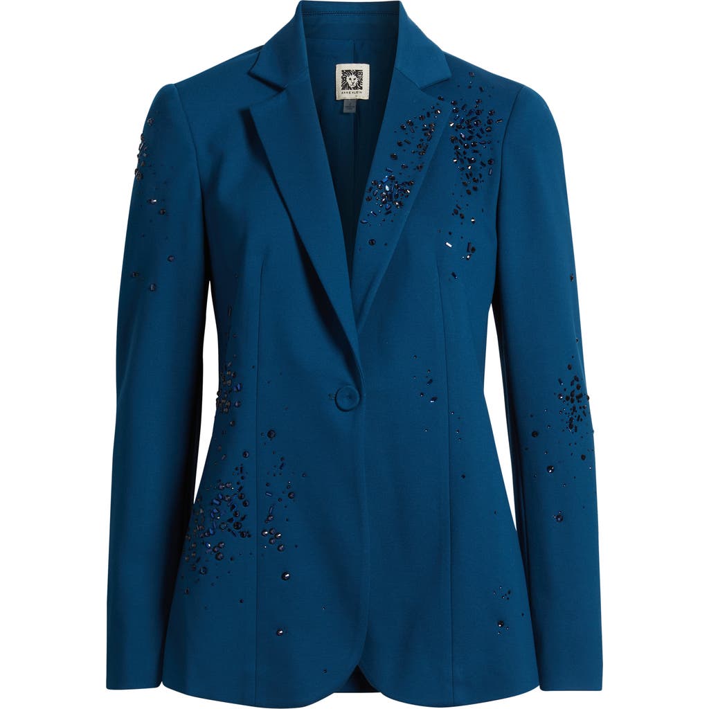 Anne Klein Womens Embellished One Button Jacket Shirred Surplice Neck Sleeveless Top Embellished Mid Rise Capri In Blue