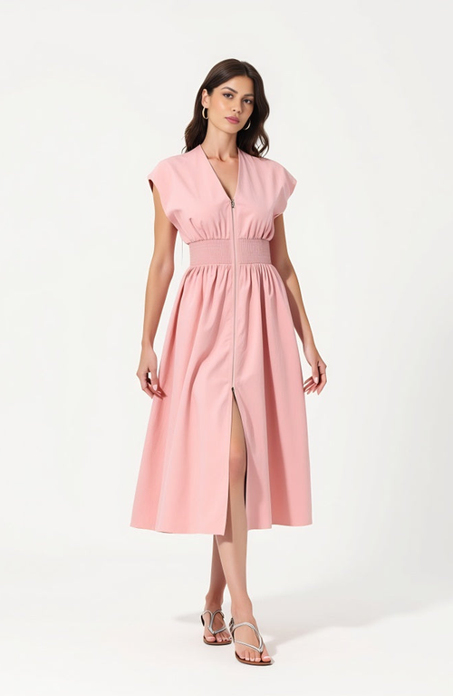 Modenaire Cap Sleeve Midi Dress With Smocked Waist And Side Pockets In Pink
