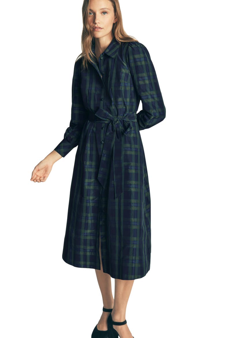 Maeve Occasion Plaid Shirt Dress, Alternate, color, NAVY, GREEN AND BLUE CHECK