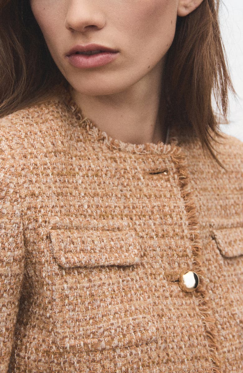 MANGO Fray Trim Tweed Crop Jacket, Alternate, color, Medium Brown