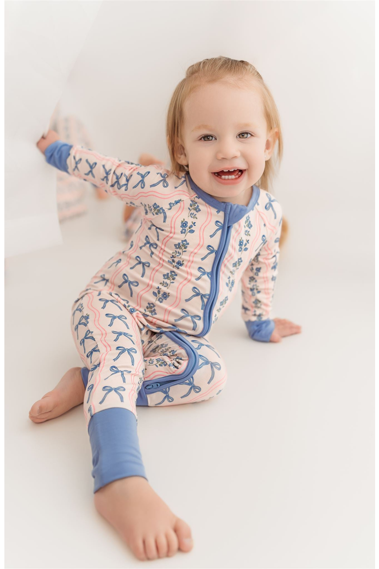 Amelia Bow Zipper Romper, Alternate, color, Blue Floral