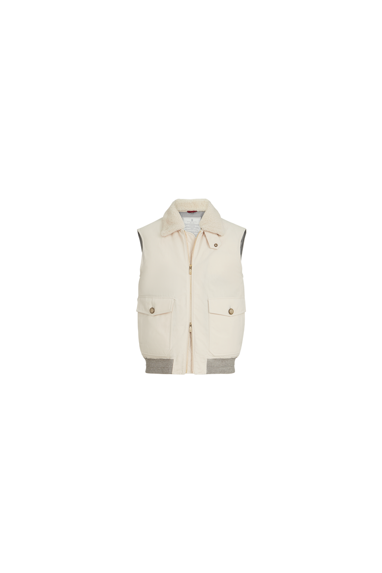 Waxed techno cotton down vest with detachable shearling collar, Alternate, color, Stone Grey