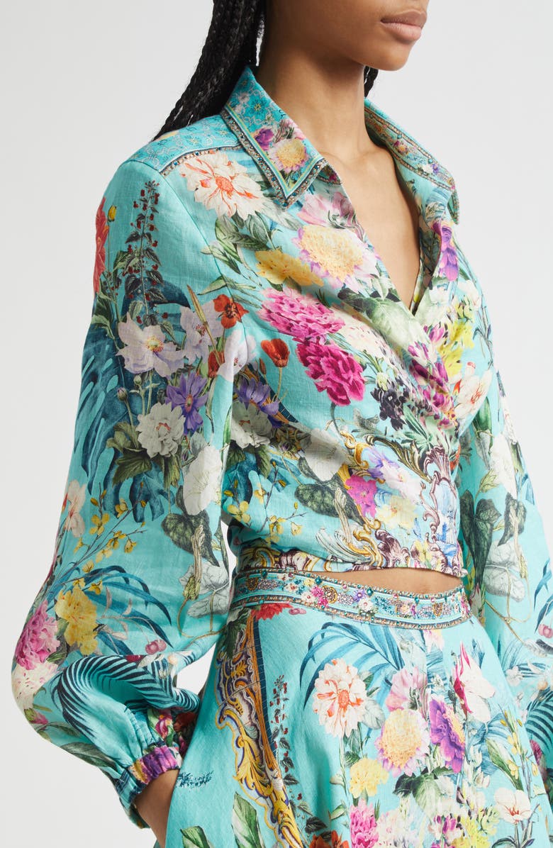 Camilla Crystal Embellished Crop Linen Wrap Shirt, Alternate, color, Gardens Of Queluz