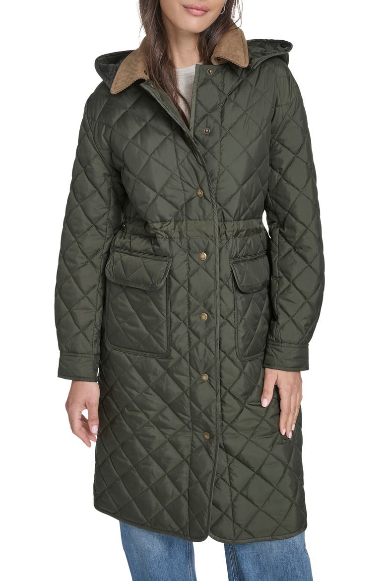 Diamond Quilted Hooded Long Coat, Alternate, color, OLIVE