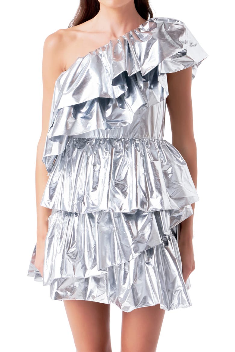 One-Shoulder Metallic Tiered Minidress, Alternate, color, SILVER