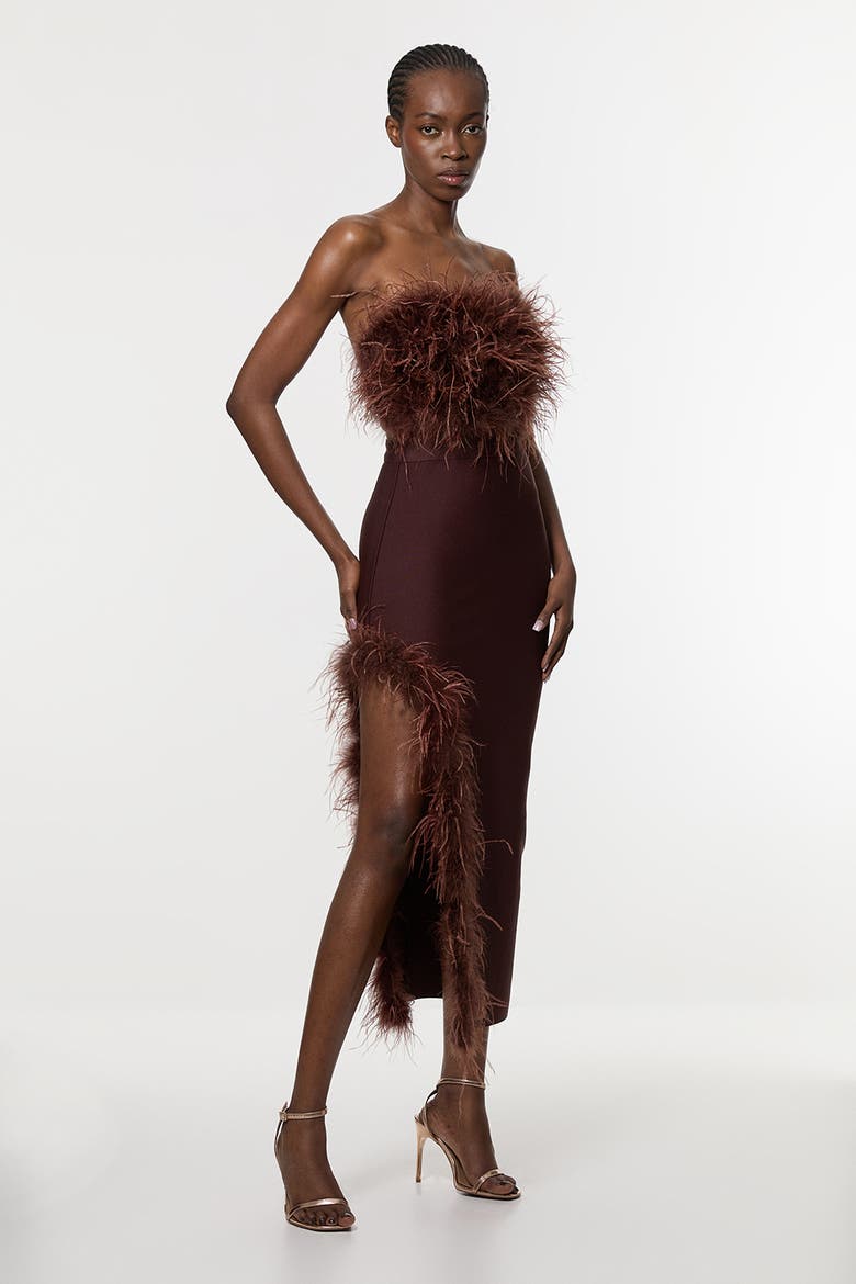 Feather Detail Bandeau Knit Midi Dress, Main, color, Chocolate