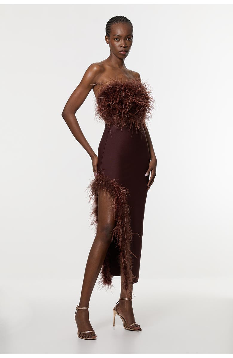 Karen Millen Feather Detail Bandeau Knit Midi Dress, Main, color, Chocolate