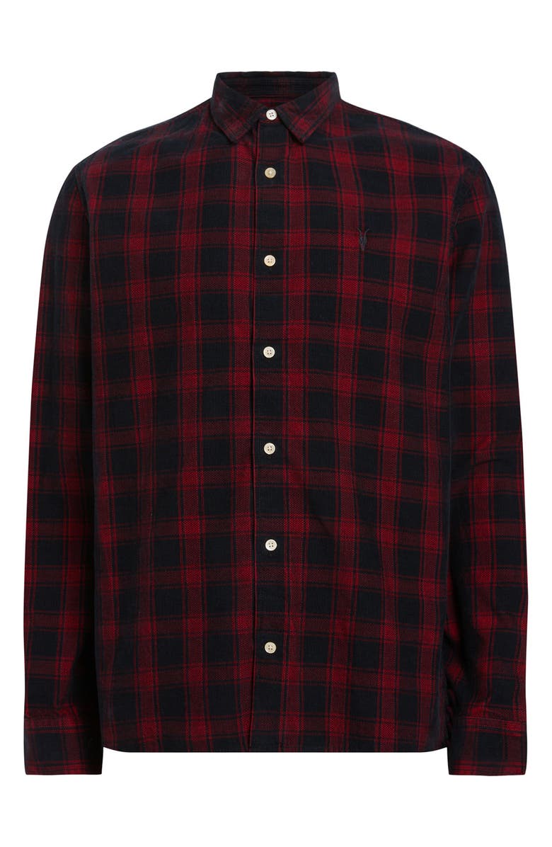 AllSaints Manray Plaid Cotton Corduroy Button-Up Shirt, Alternate, color, Machine Blue/Red