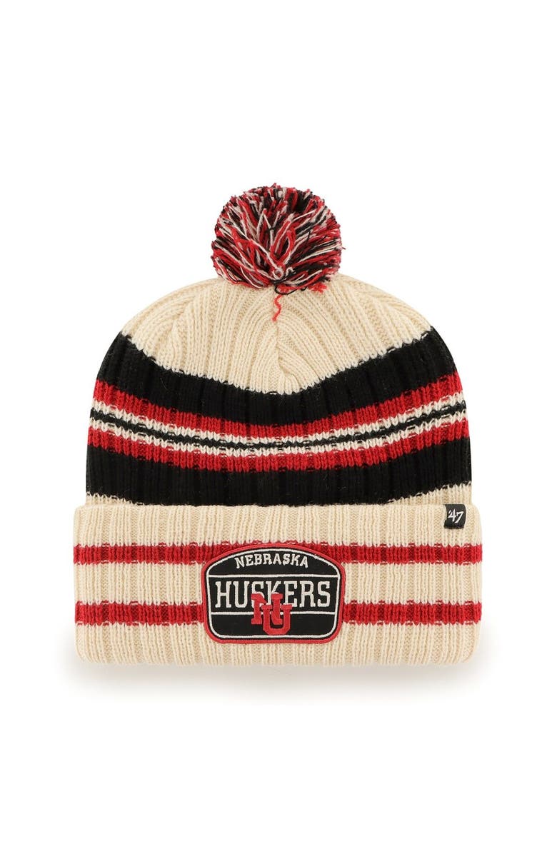 '47 Men's '47 Natural Nebraska Huskers Hone Patch Cuffed Knit Hat with Pom, Main, color, Natural