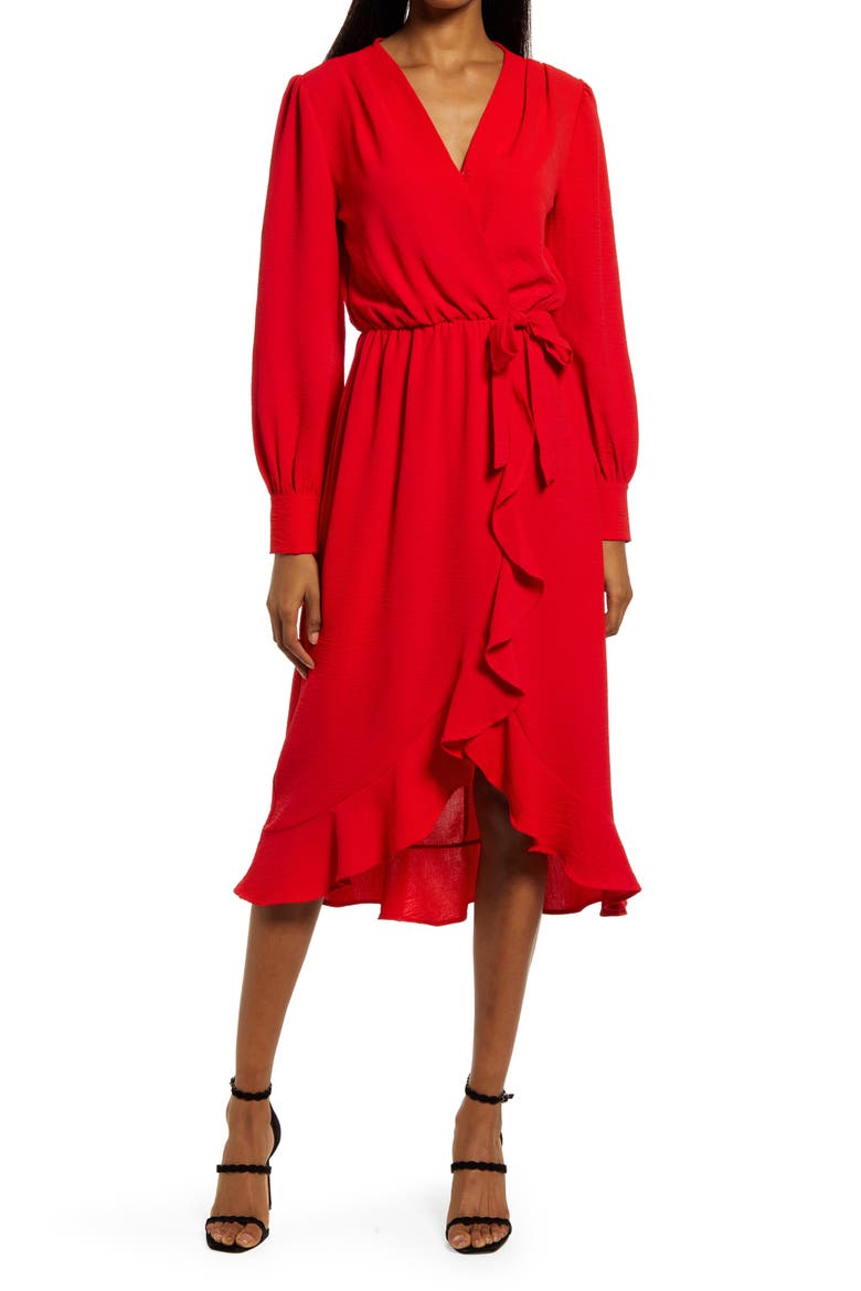 Faux Wrap Ruffle Long Sleeve Dress, Main, color, RED