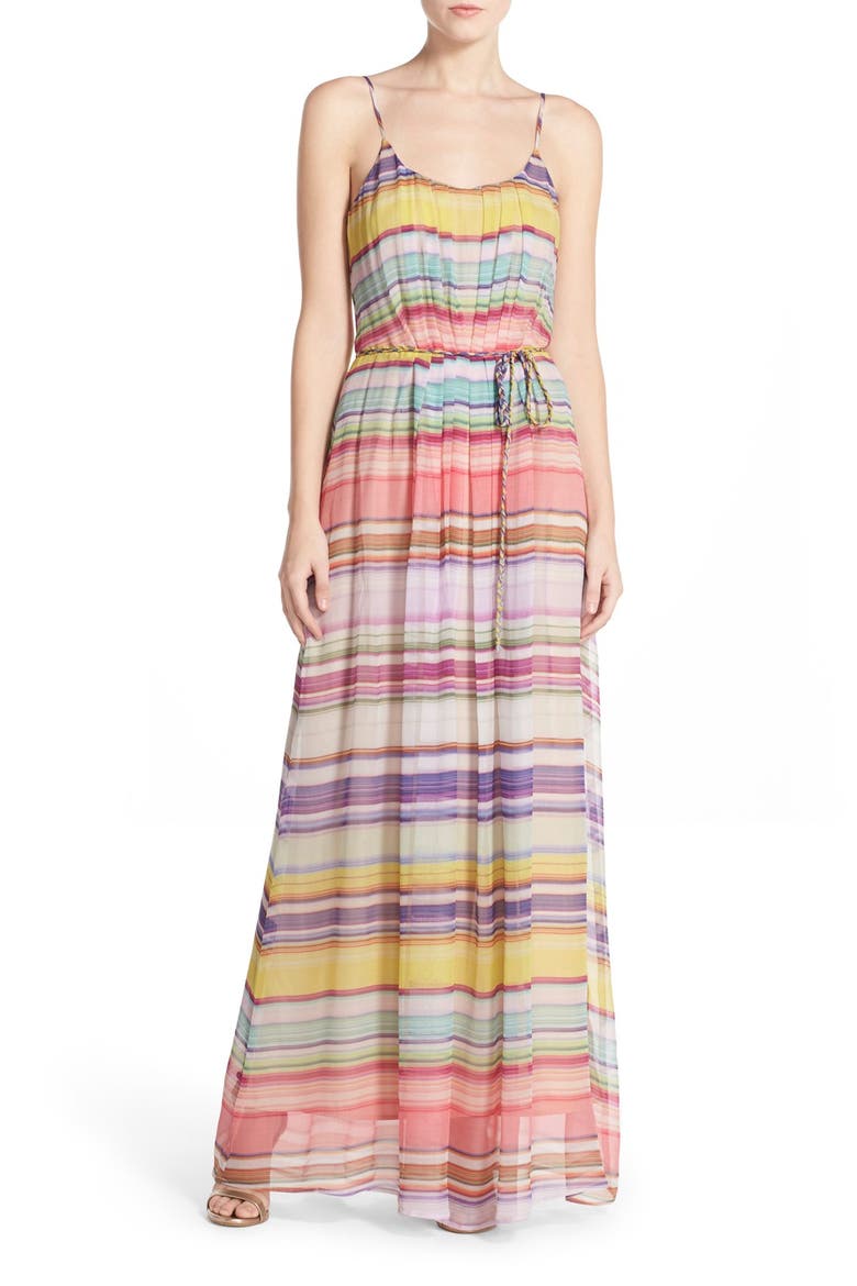 Belted Stripe Silk Maxi Dress, Main, color, GREEN MULTI