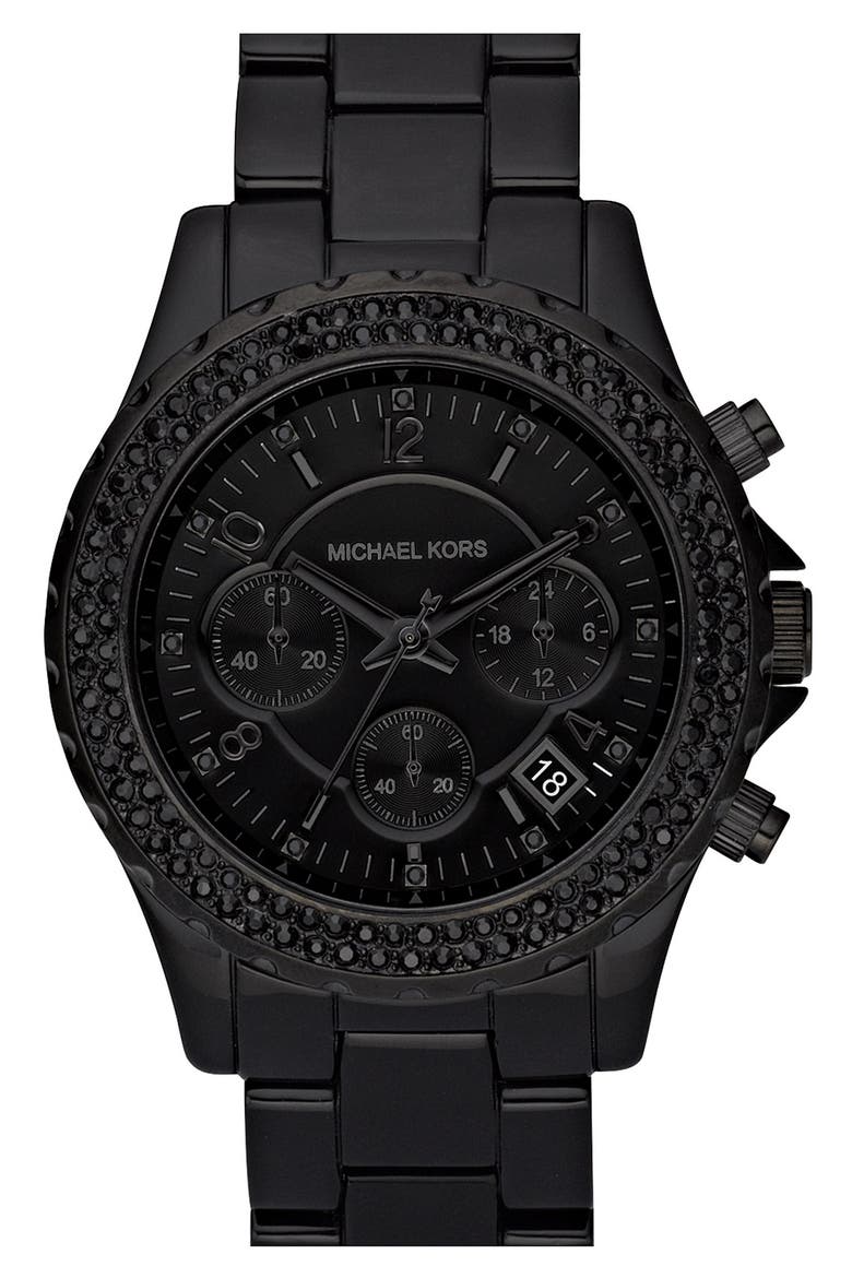 Michael Kors 'Madison' Resin & Crystal Watch, Main, color, BLACK/ BLACK