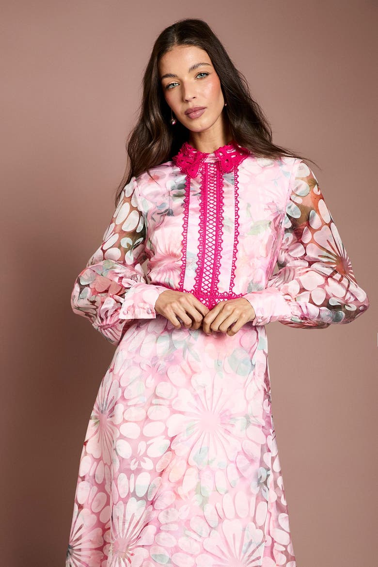 Contrast Collar Lace Trim Midi Dress, Alternate, color, Pink