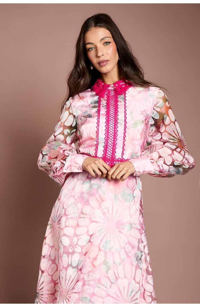 Coast Contrast Collar Lace Trim Midi Dress, Alternate, color, Pink