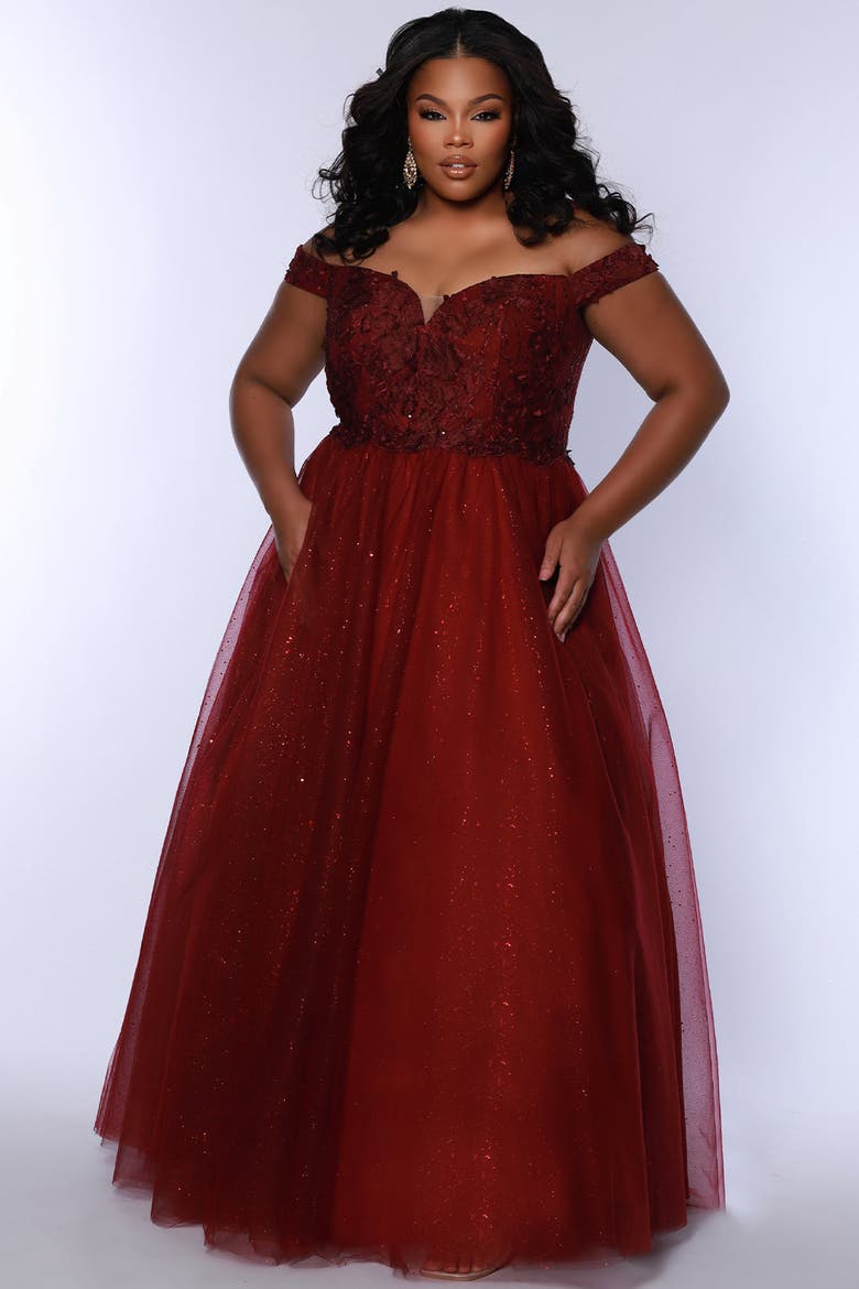 Off the Shoulder V-Neckline Plus Size Ballgown, Alternate, color, Burgundy