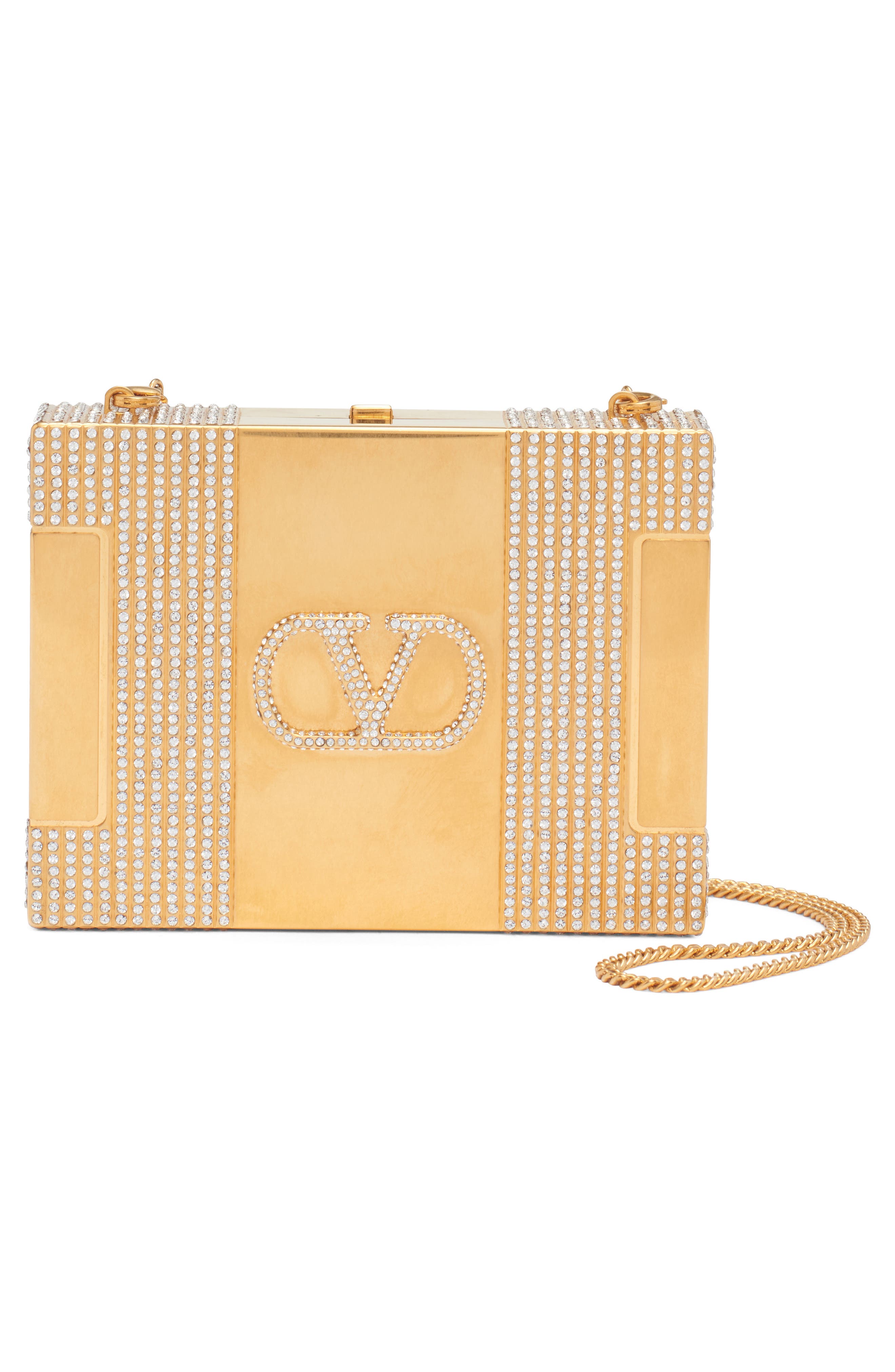 Valentino Garavani Minaumorphe Minaudière Crystal Embelllished Convertible Clutch, Alternate, color, Antique Brass-Crystal/ Nero