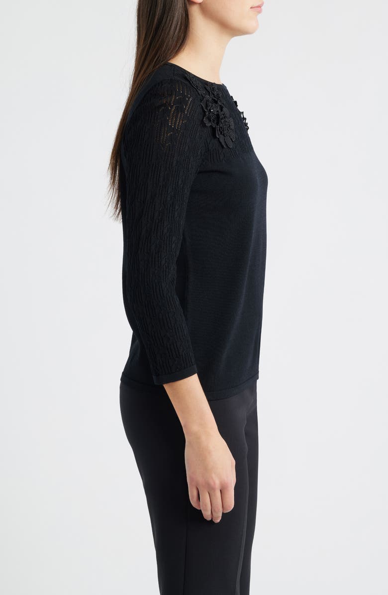 Anne Klein 3D Floral Appliqué Yoke Sweater, Alternate, color, Anne Black