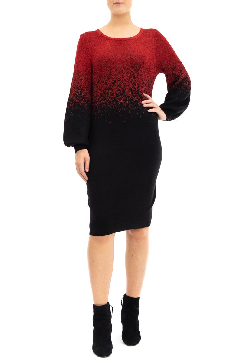 Nina Leonard Ombré Lurex Sweater Dress, Main, color, Black/ Red