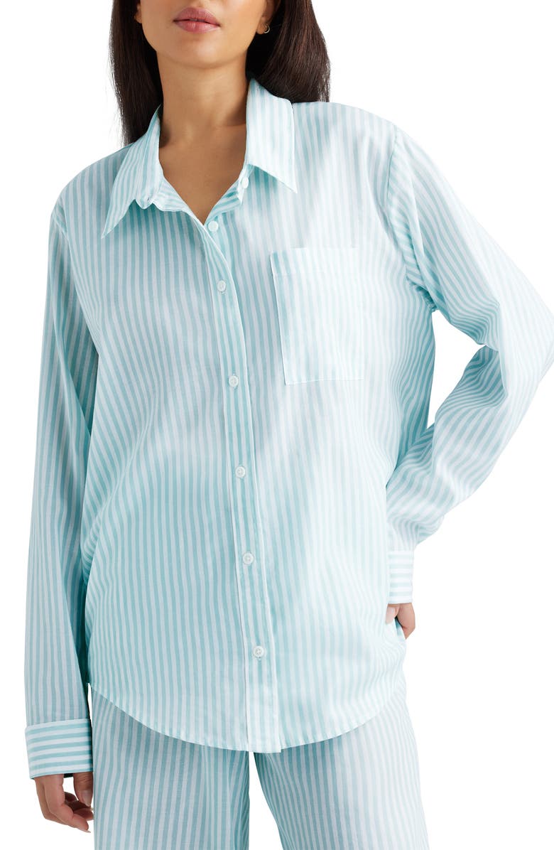 Tommy John Stripe Woven Button-Up Sleep Shirt, Main, color, Turquoise Stripe