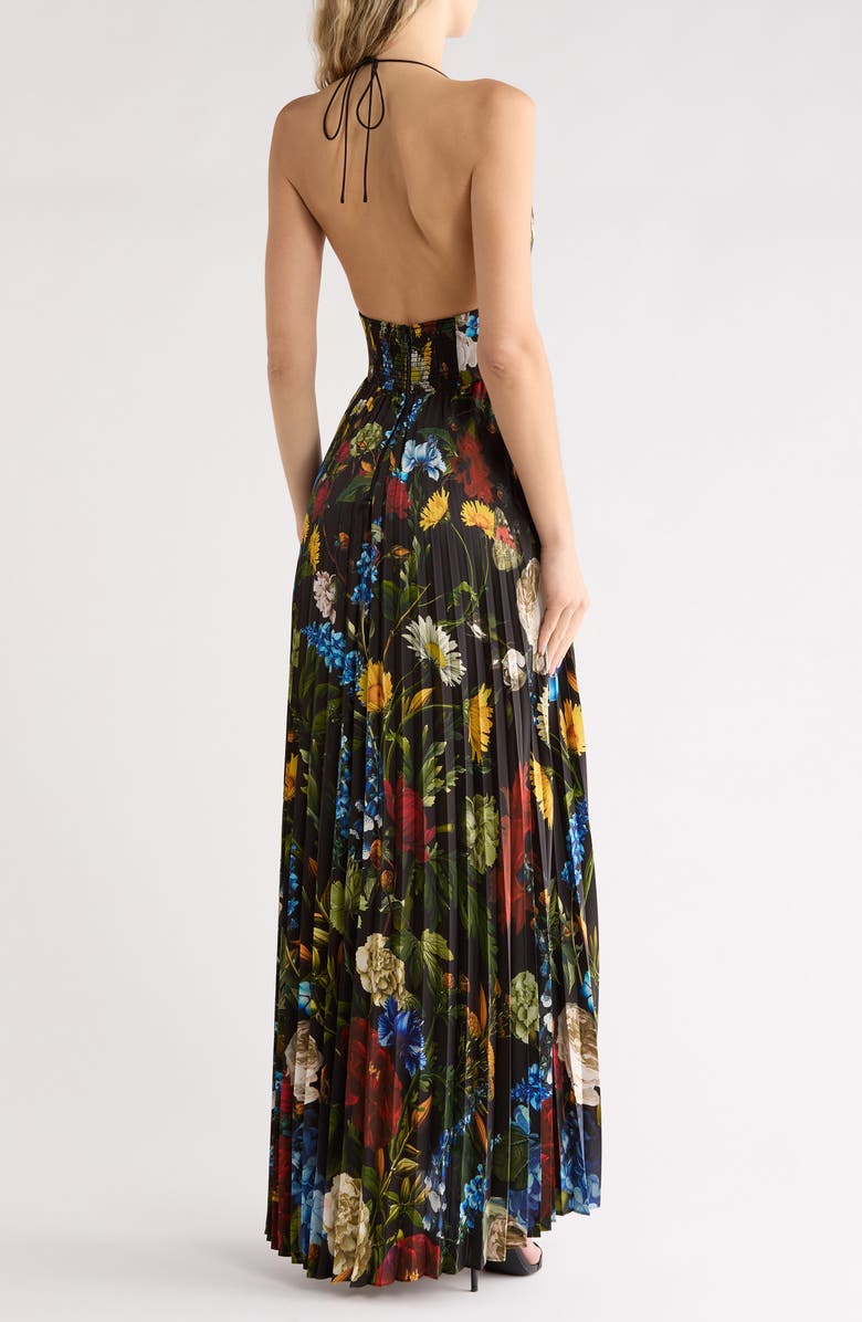 Alice + Olivia Hannah Floral Pleated Halter Maxi Dress, Alternate, color, Social Hour Black