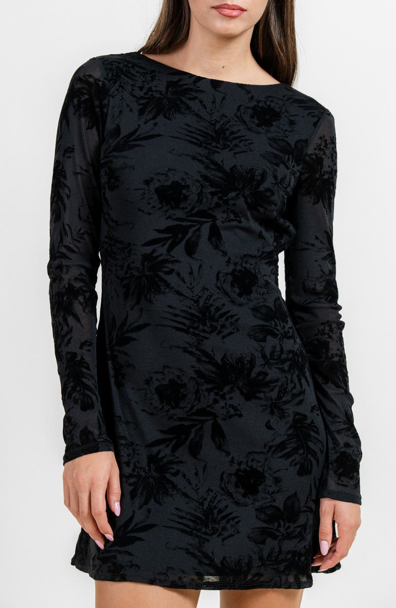 Beivy Long Sleeve Low Back Minidress, Alternate, color, Black