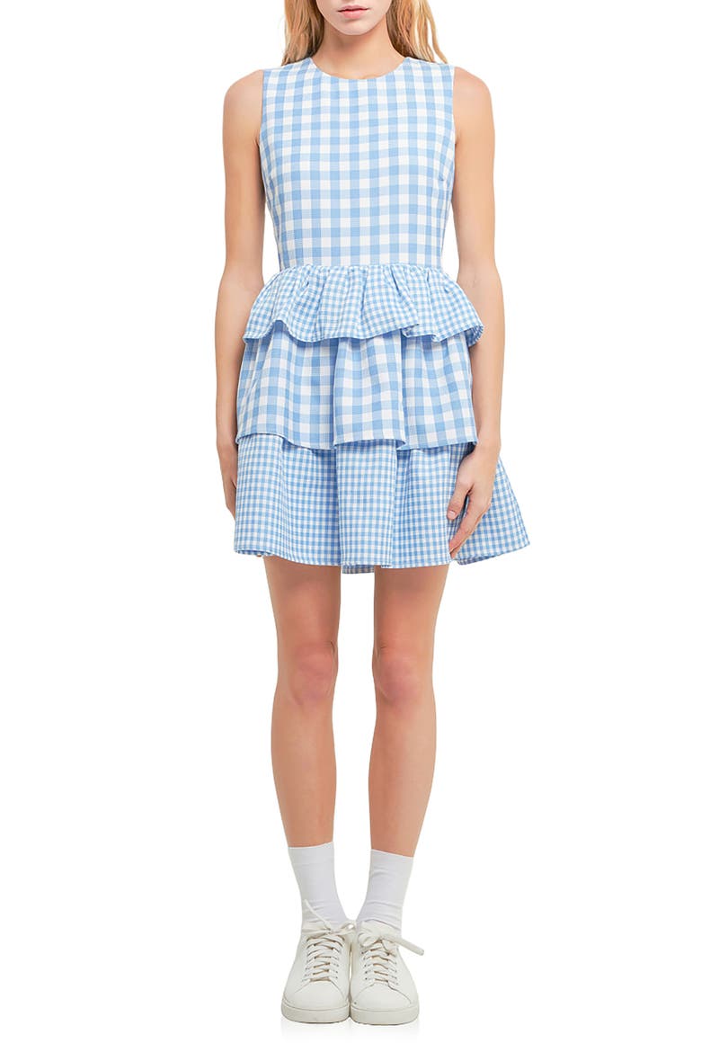 Tiered Gingham Sleeveless Dress, Main, color, OCEAN BLUE