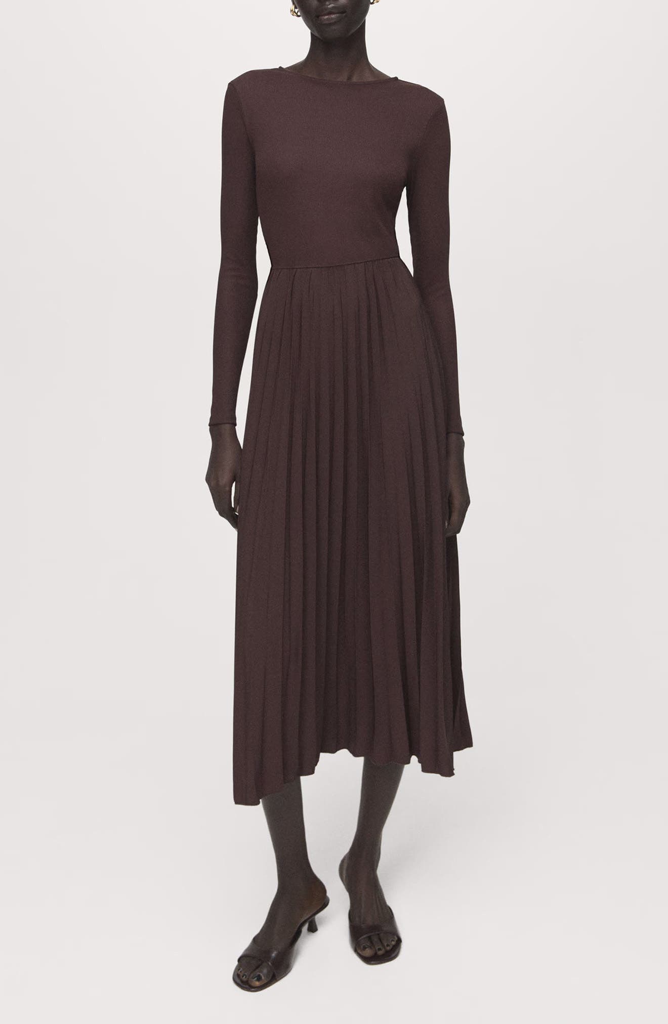 Long Sleeve Pleated Midi Dress