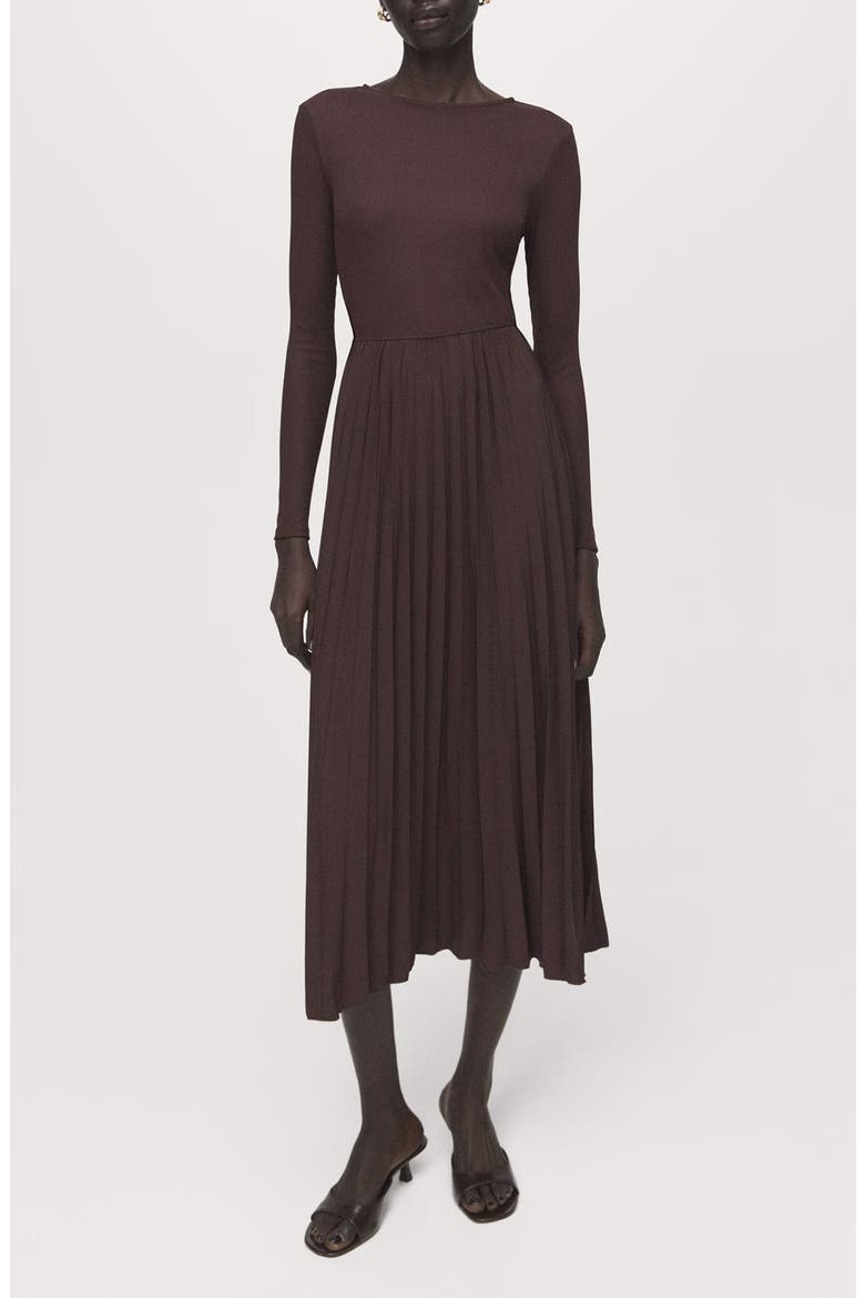Long Sleeve Pleated Midi Dress, Main, color, CHOCOLATE