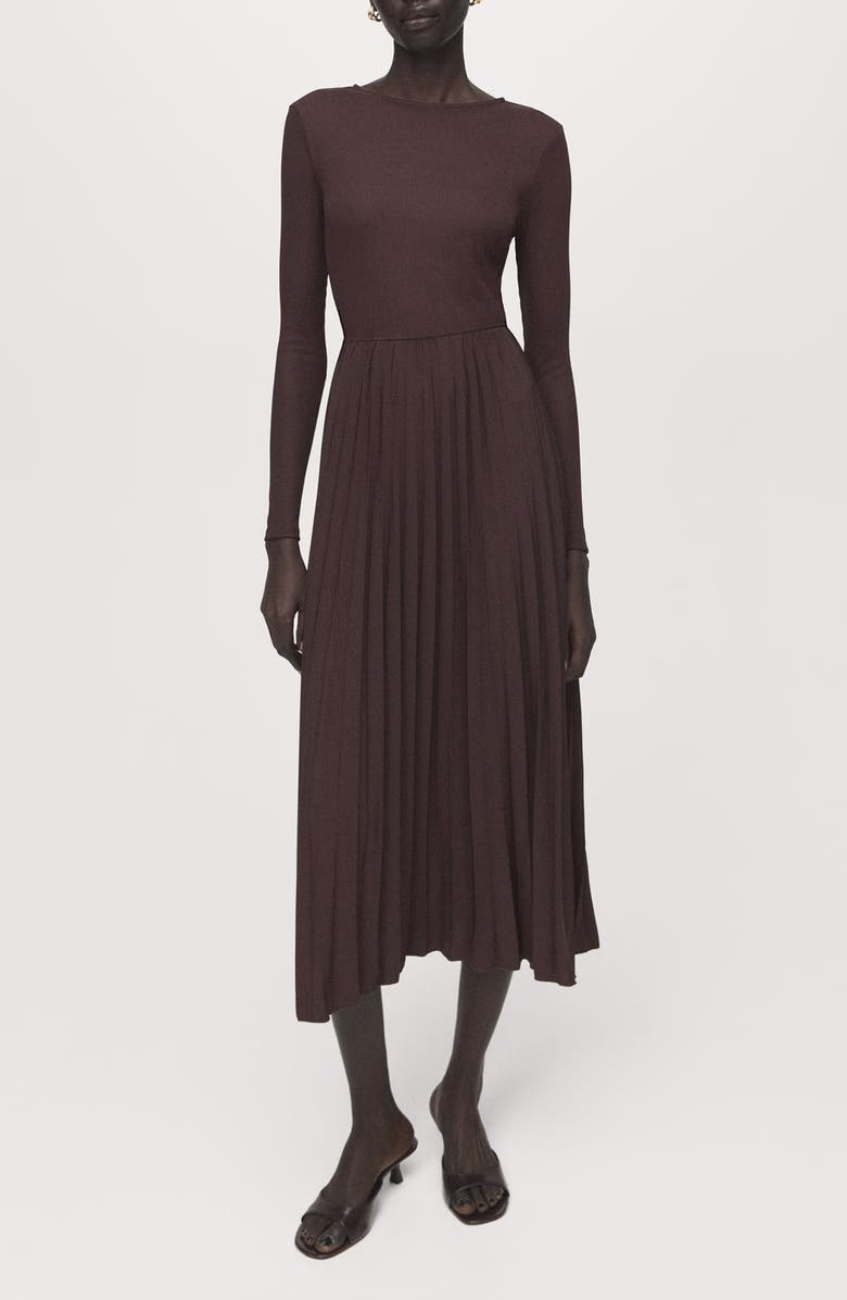 MANGO Long Sleeve Pleated Midi Dress, Main, color, Chocolate