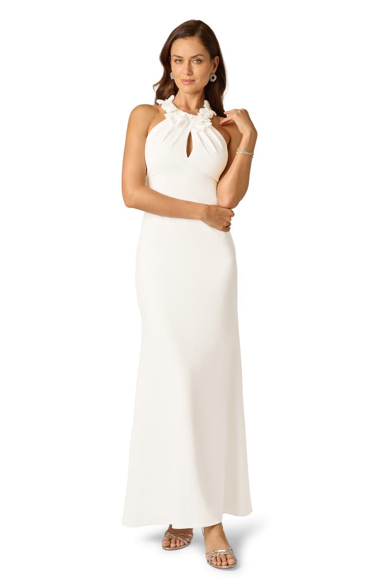 Rosette Halter Crepe Gown, Alternate, color, IVORY