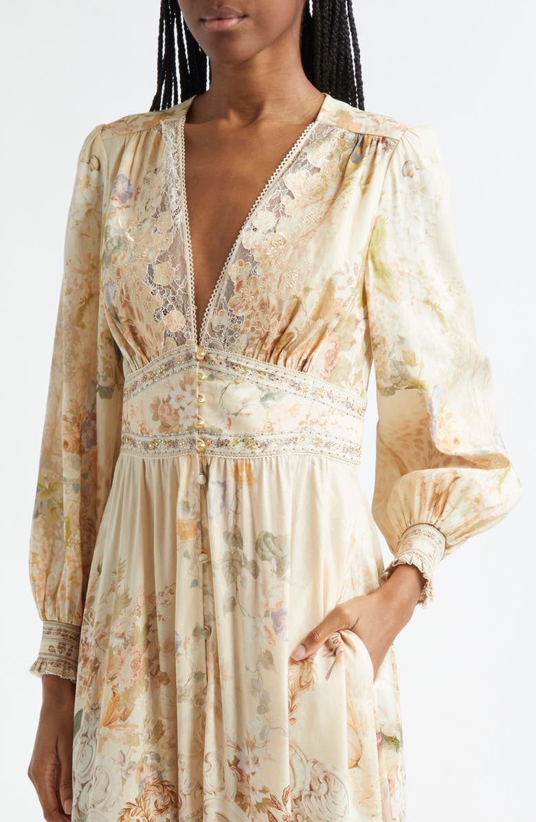 Camilla Adorned in Antiquity Lace Trim Long Sleeve Linen & Silk Maxi Dress, Alternate, color, 