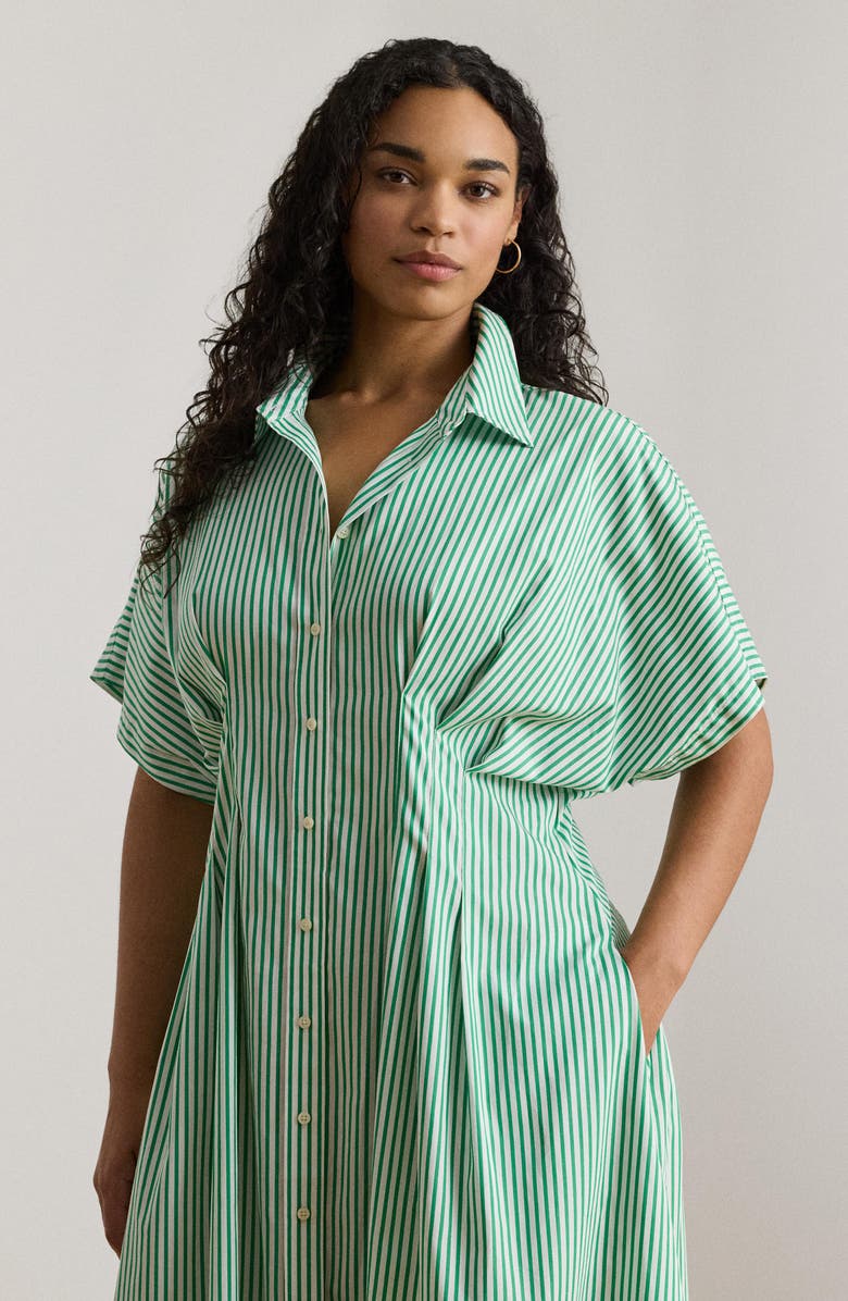 Lauren Ralph Lauren Stripe Gathered Waist Cotton Shirtdress, Alternate, color, Green/ White Multi