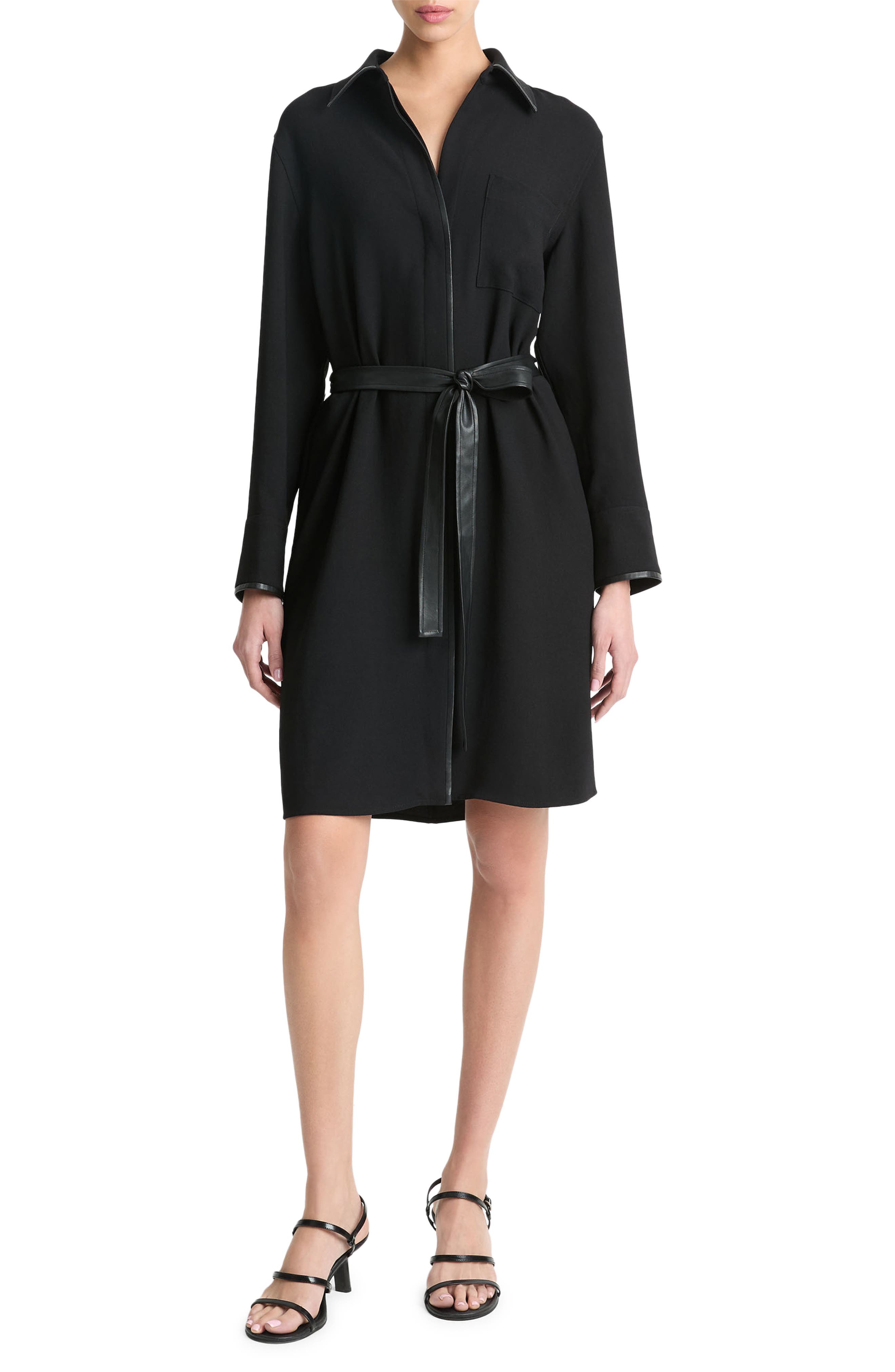 Vince Leather Trim Long Sleeve Shirtdress
