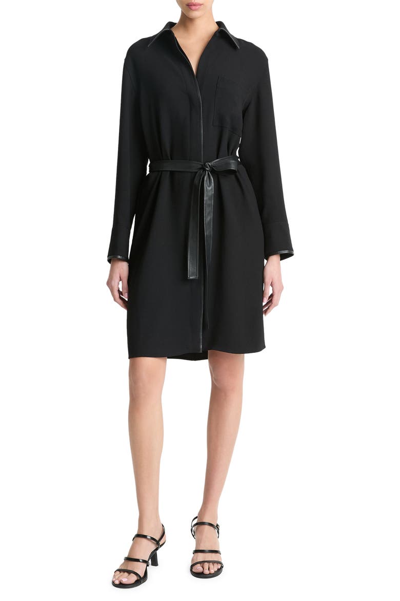 Leather Trim Long Sleeve Shirtdress, Main, color, BLACK