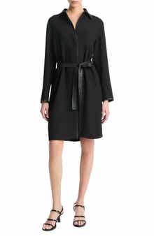 Vince Leather Trim Long Sleeve Shirtdress