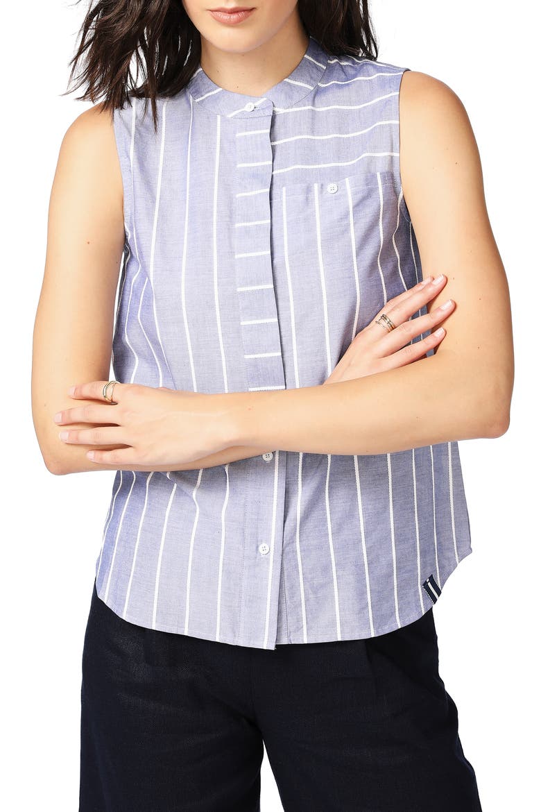 Rope Stripe Sleeveless Cotton Button-Up Blouse, Main, color, BLUE NIGHT