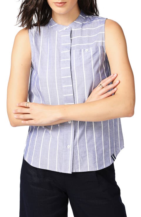 Rope Stripe Sleeveless Cotton Button-Up Blouse