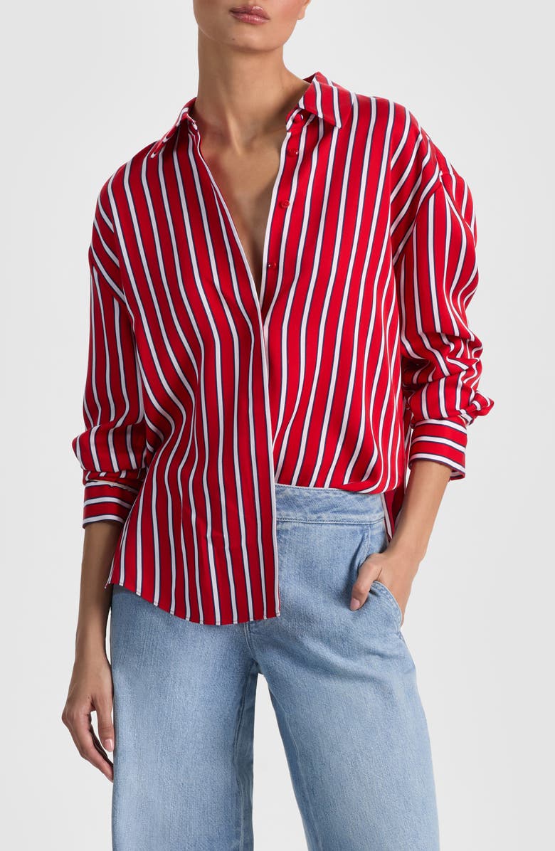 Alice + Olivia Dimitra Oversize Stripe Button-Up Shirt, Main, color, Teakwood Chili Pepper