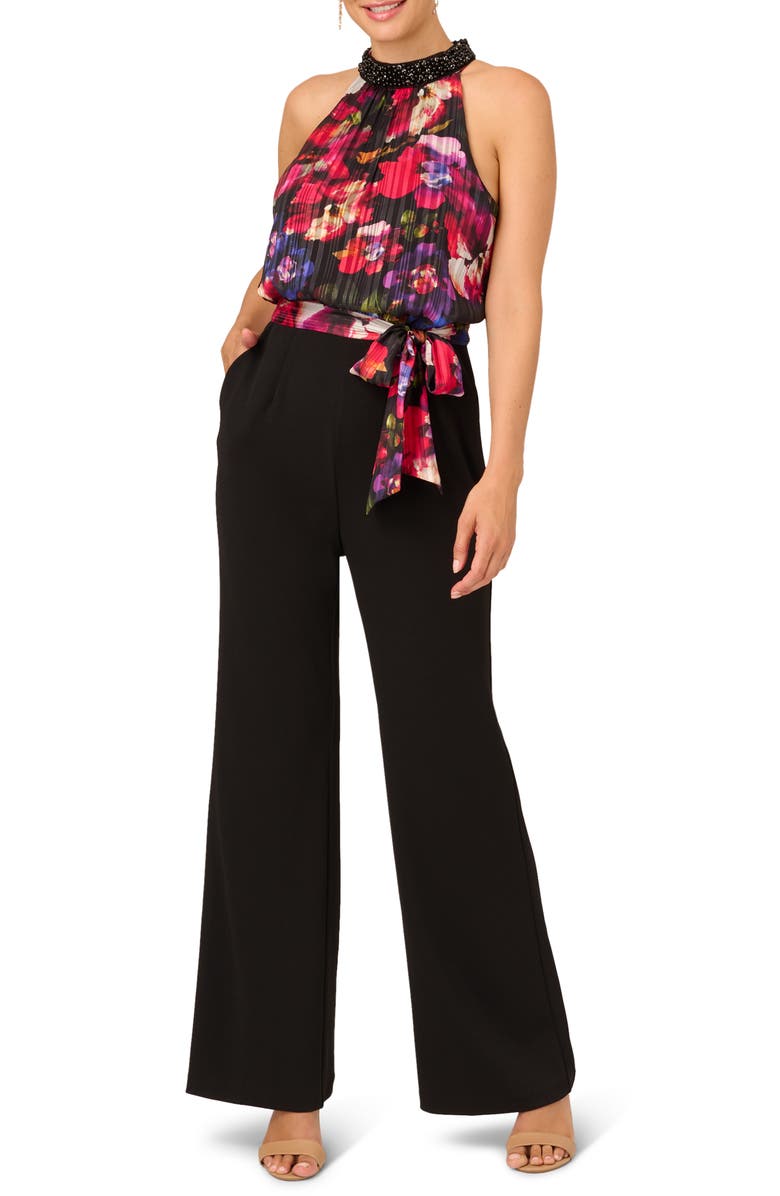 Adrianna Papell Floral Embellished Wide Leg Jumpsuit, Main, color,