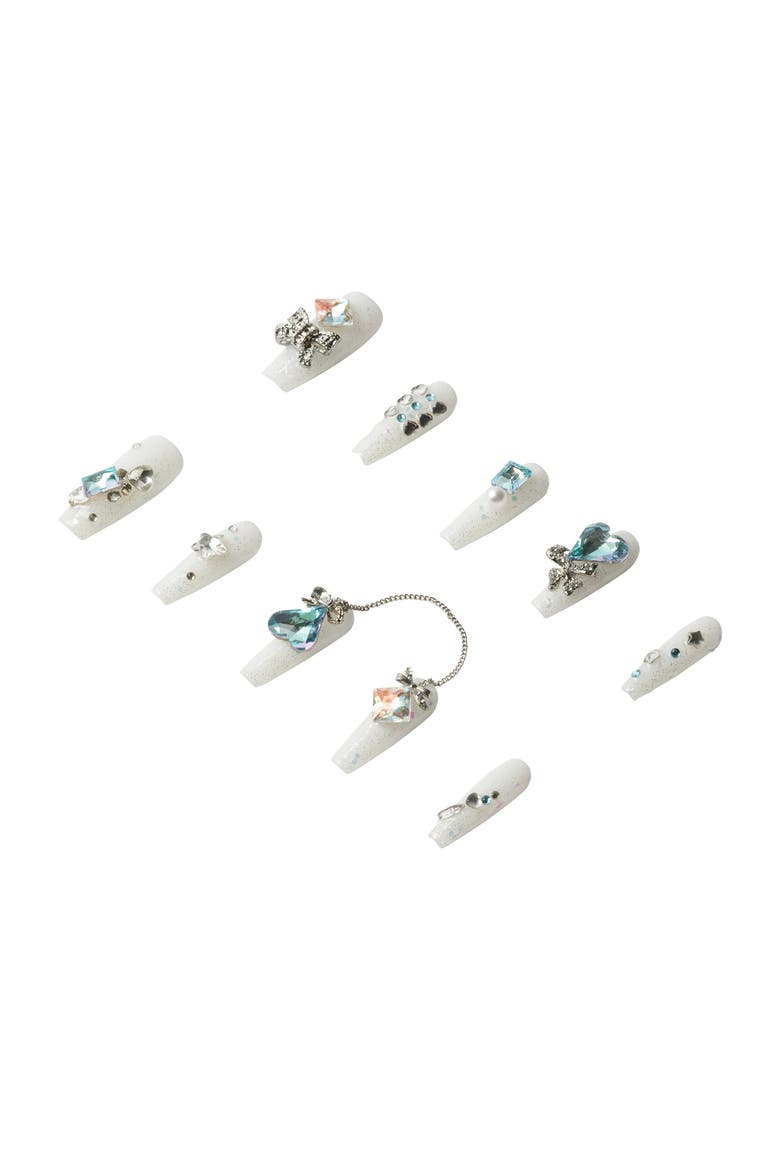 Crystal Blue Glam Luxury Handmade Press On Nails, Alternate, color, White, Teal