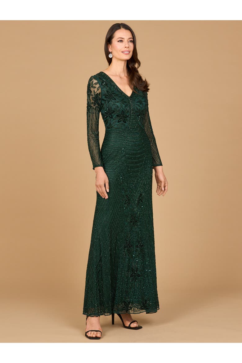 Long Sleeve Beaded Maxi Gown, Main, color, Dark Green