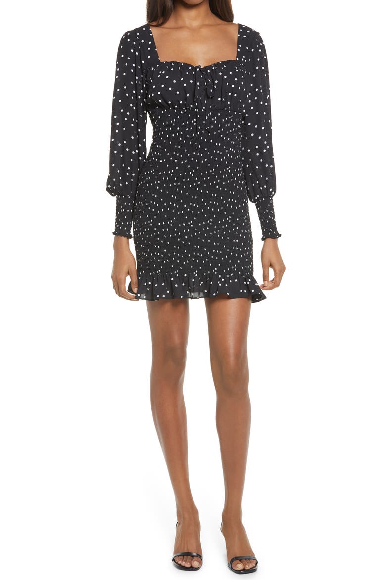 Polka Dot Smocked Long Sleeve Minidress, Main, color, BLACK