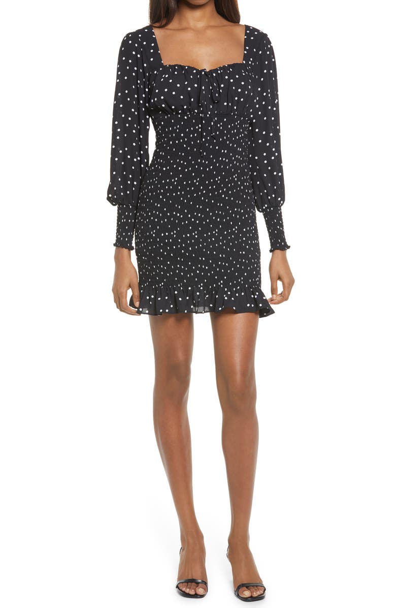 Row A Polka Dot Smocked Long Sleeve Minidress, Main, color, 
