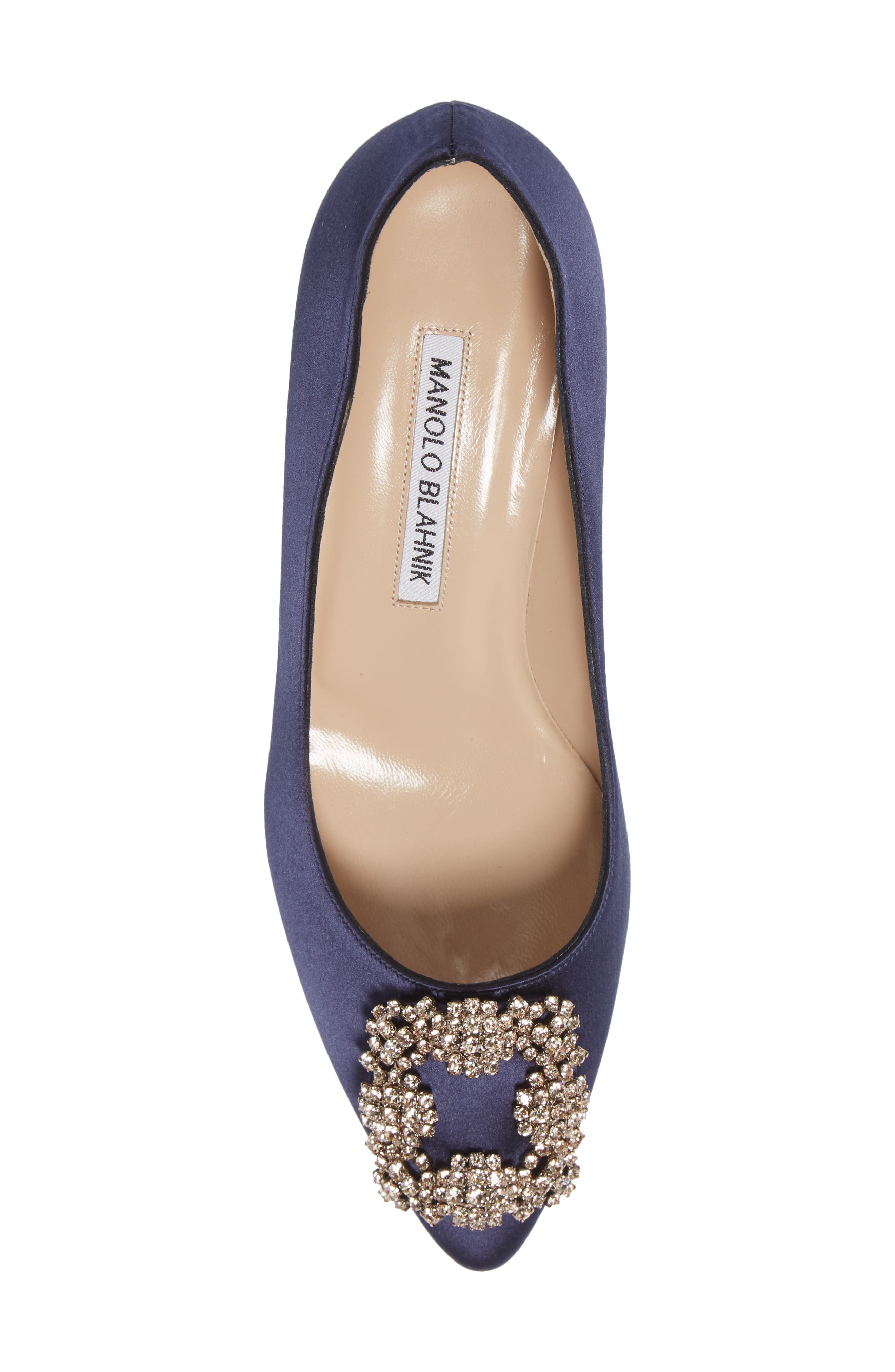 Manolo Blahnik Hangisi Jeweled Kitten Heel Pump, Alternate, color, Navy Satin/ Silk Buckle