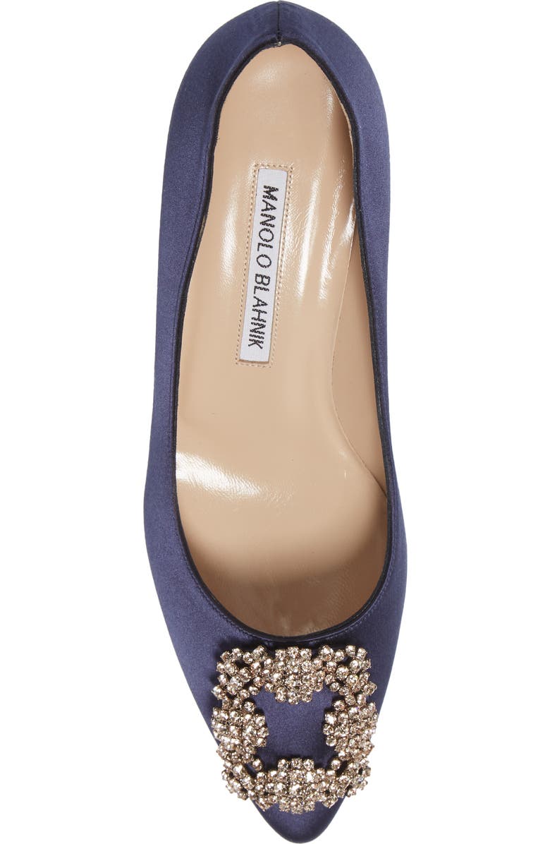 Manolo Blahnik Hangisi Jeweled Kitten Heel Pump, Alternate, color, Navy Satin/ Silk Buckle