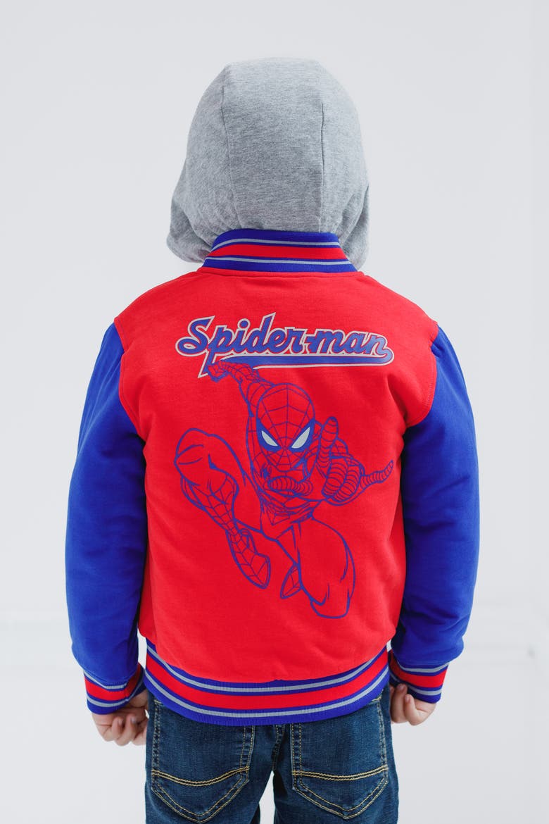 Spider-Man Varsity Hooded Bomber Jacket, Alternate, color, Red Blue Spiderman