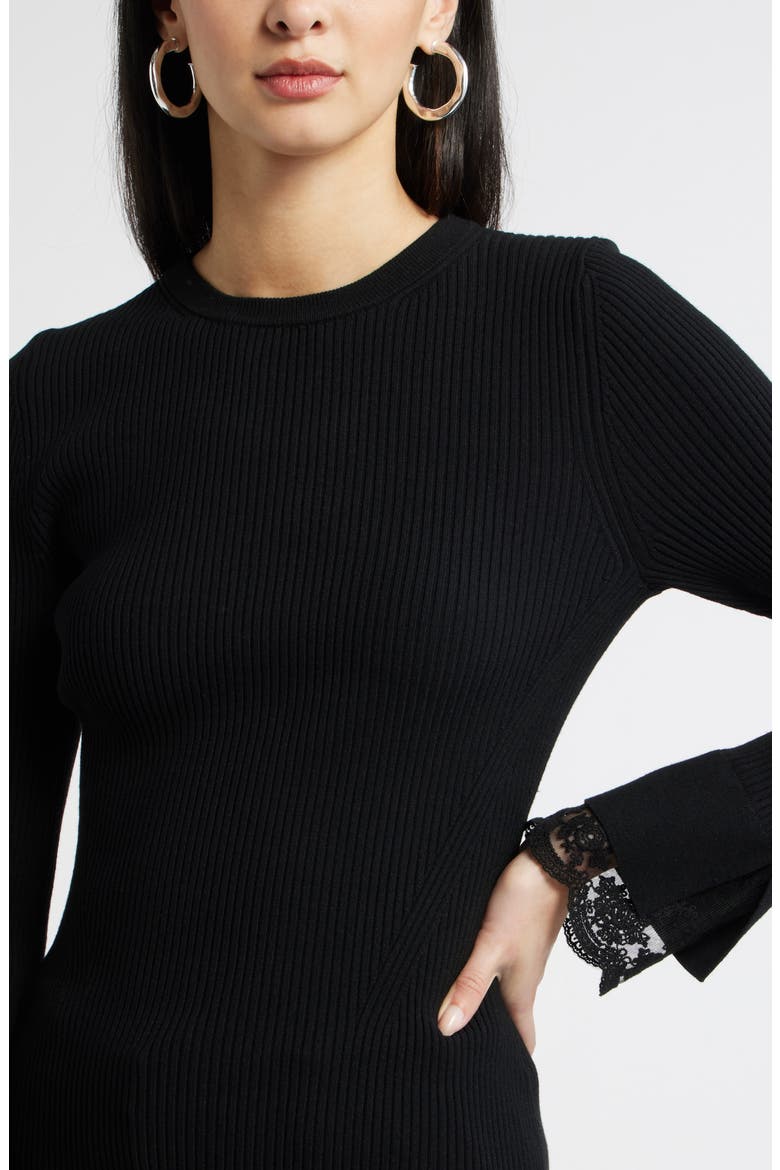 Lace Cuff Ribbed Sweater, Alternate, color, BLACK