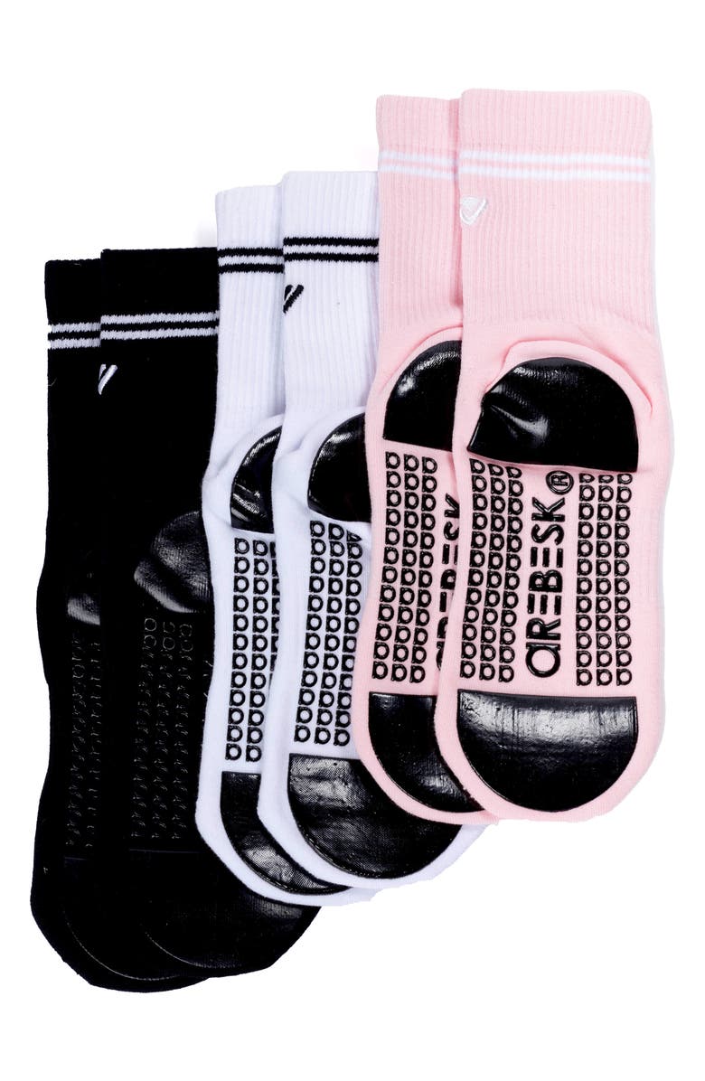 Arebesk Classic Assorted 3-Pack Grip Crew Socks, Alternate, color, White/ Black/ Pink