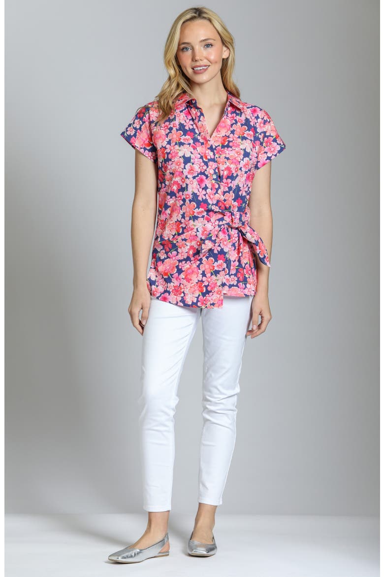 Floral Side Tie Cotton Button-Up Shirt, Alternate, color, BLUE/ PINK MULTI